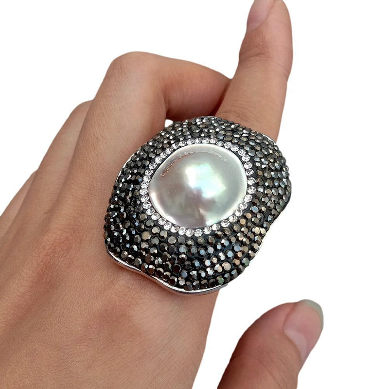 Y.YING  Natural Coin White Mabe Pearl Black Rhinestone Pave Ring Adjustable