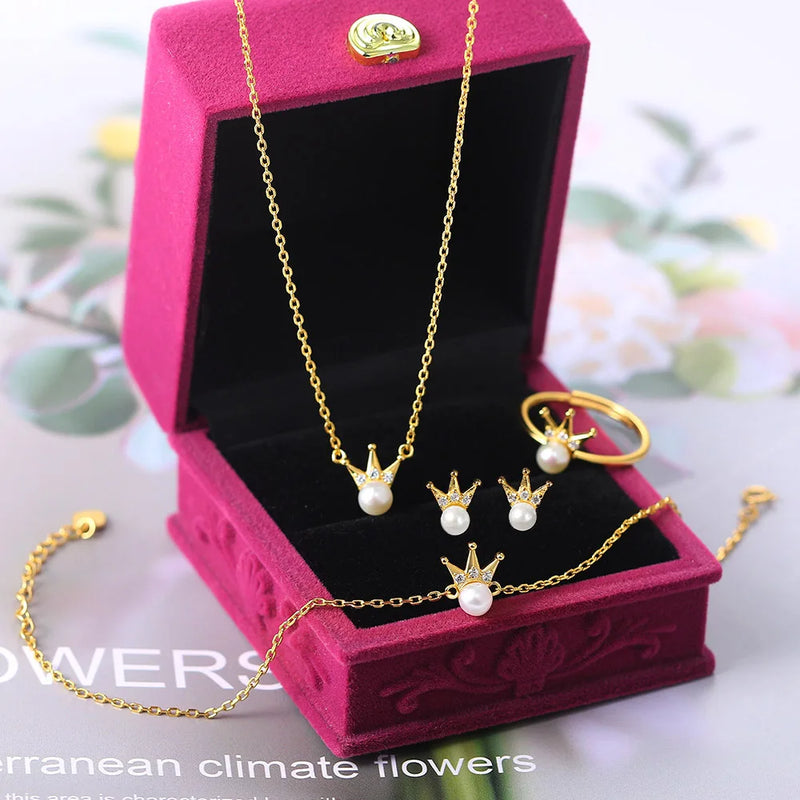 Sterling Silver Gold Plated Natural Freshwater Pearl Crown Jewelry Set for Women