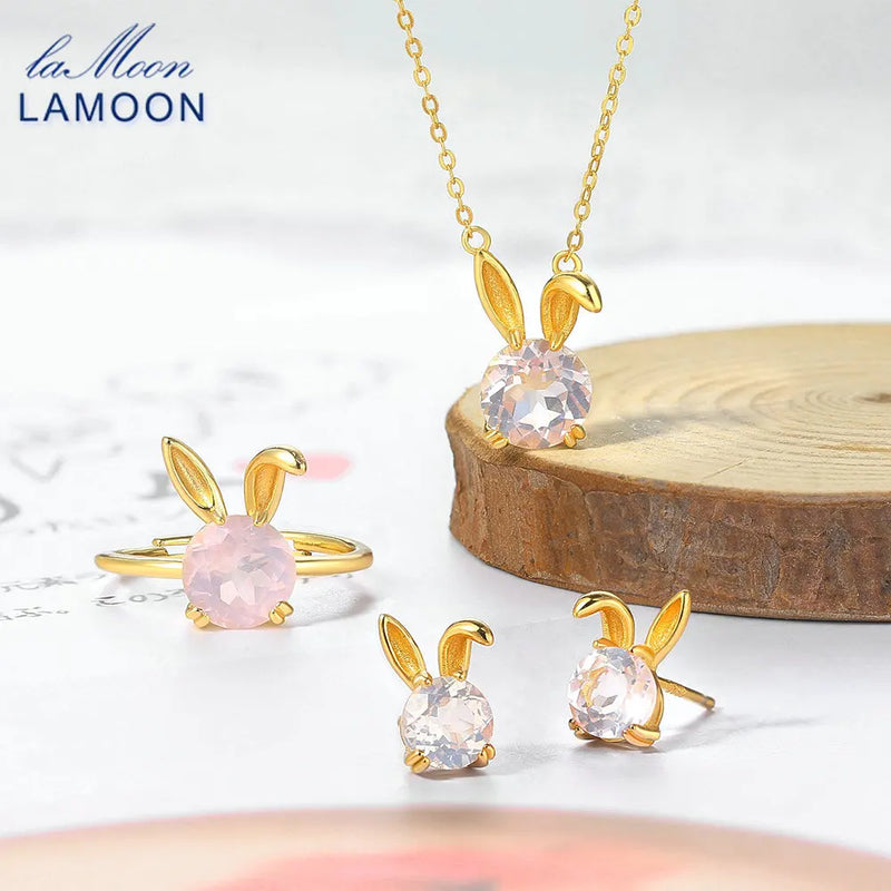 925 Silver Rose Quartz Pendant Necklace Set for Women