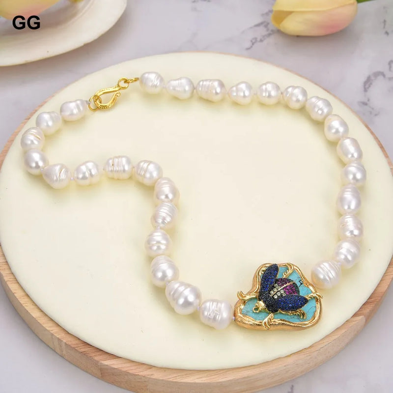 Sterling Silver Cultured White Pearl & Blue Turquoise Insect CZ Pave Choker Necklace for Women