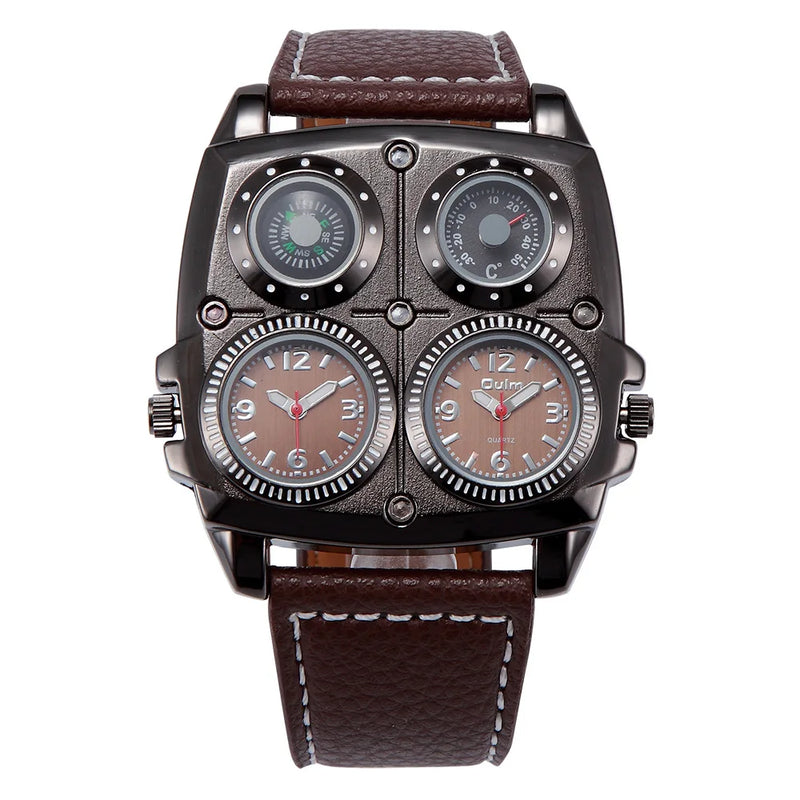 Men's Outdoor Watch with Dual Time Zone & Large Dial & Leather Strap