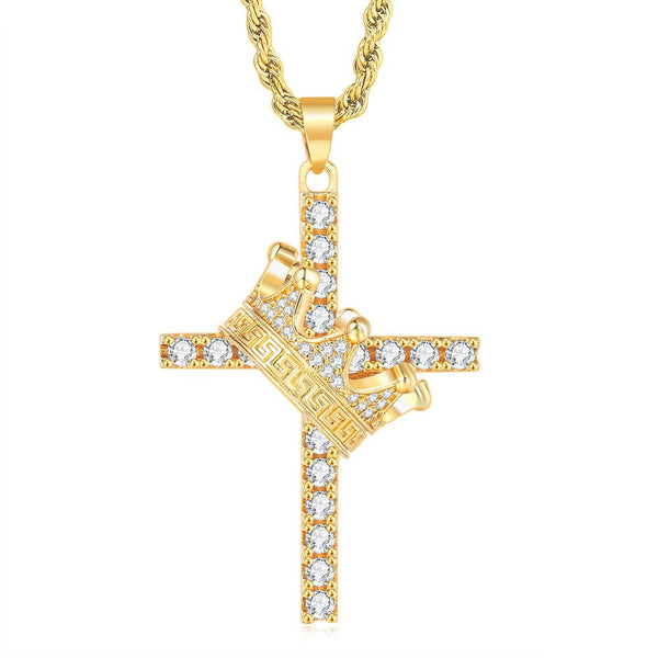 Silver Bling Zircon Diamonds Gemstones Crown & Cross Pendant Necklace for Men