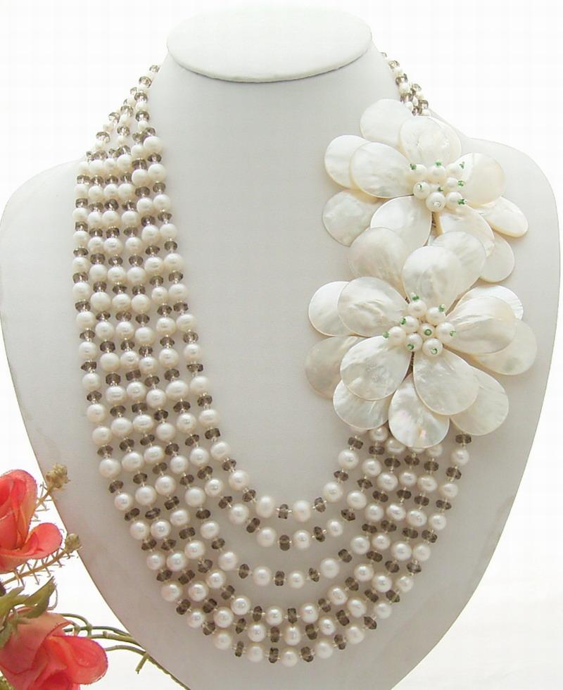 Silver Freshwater Pearl Crystal Shell Flower Necklace for Women