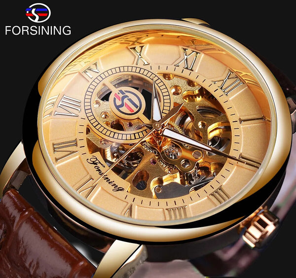 Gold Roman Numeral Skeleton Mechanical Watch with Brown Leather Strap for Men