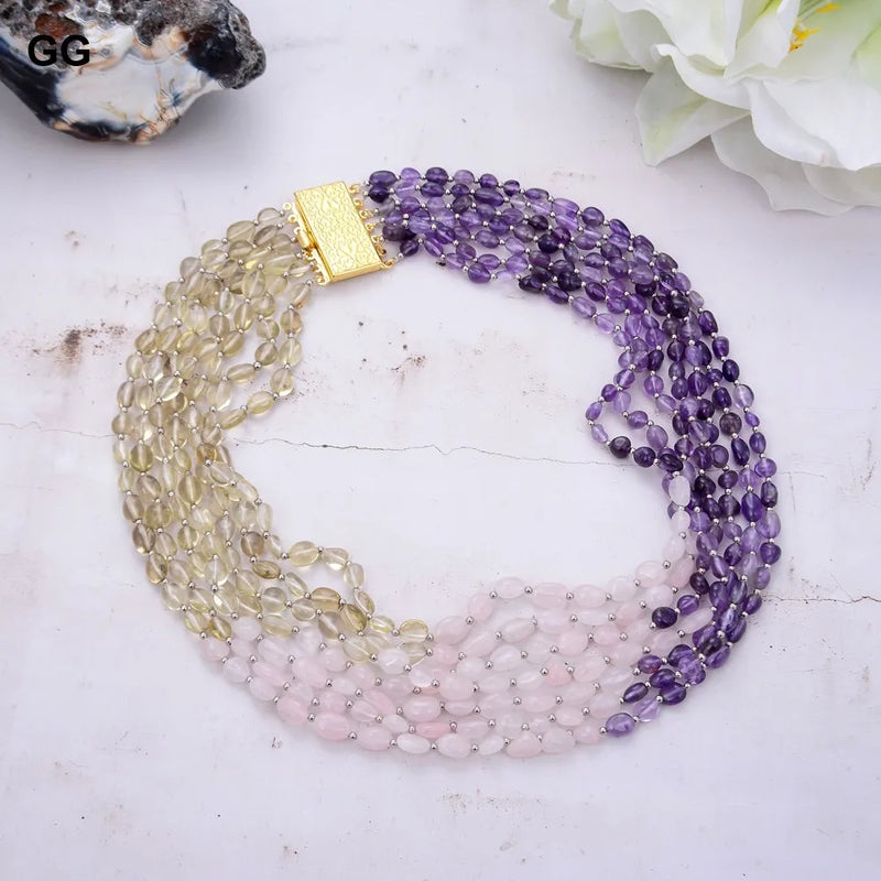 Sterling Silver 7 Rows Amethyst, Rose Quartz, Lemon Quartz Freeform Necklace for Women