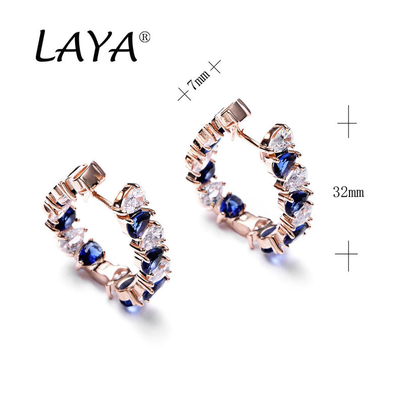 925 Sterling Silver Rose Gold Huggie Earrings with Blue Crystal for Women