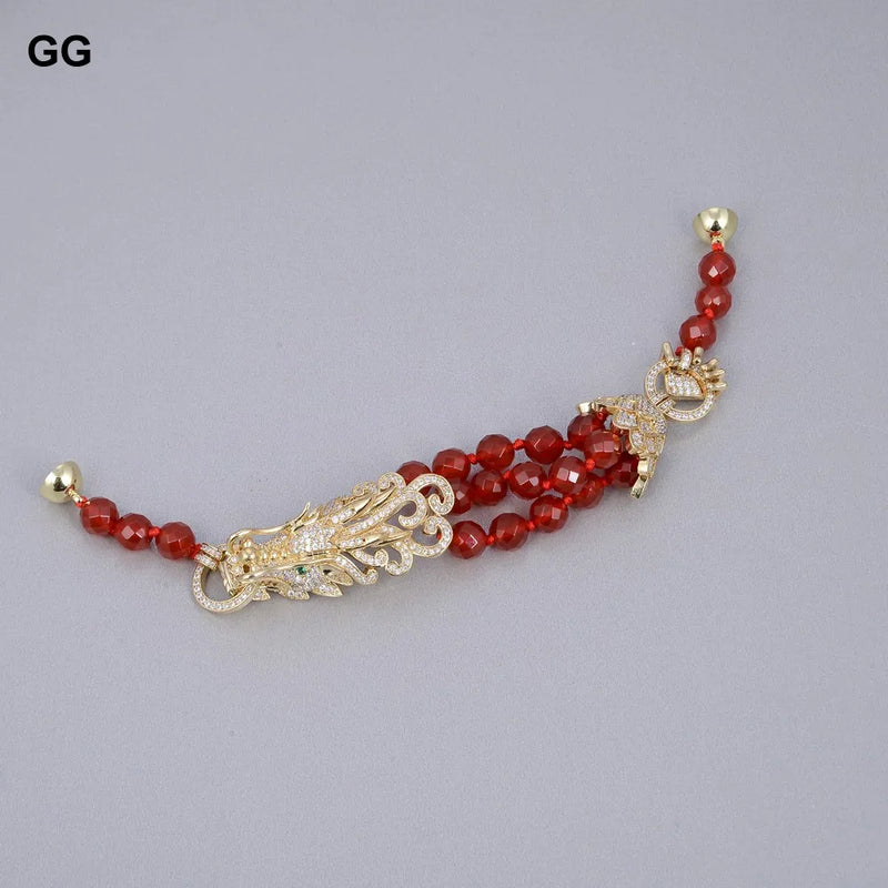 Sterling Silver 8mm Red Carnelian & CZ Dragon Connector Bracelet for Women