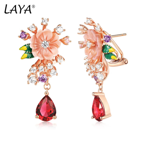 925 Sterling Silver Red Purple White Zircon Shell Flower Drop Earrings for Women