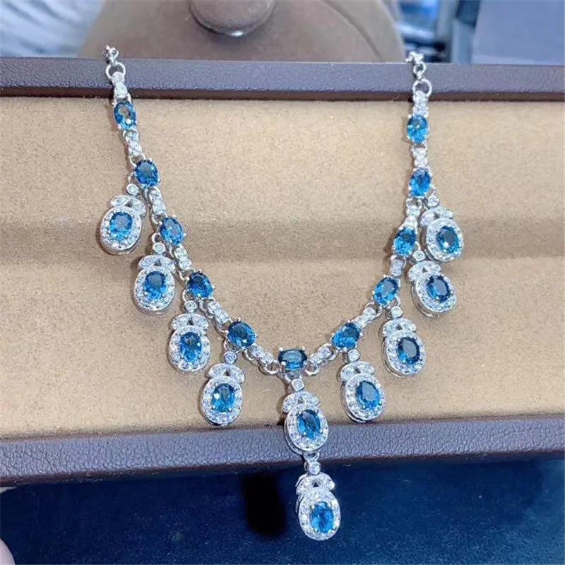 925 Sterling Silver Natural Topaz Pendant Choker Necklace for Women