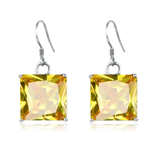 925 Sterling Silver Yellow Crystal Square Earrings for Women