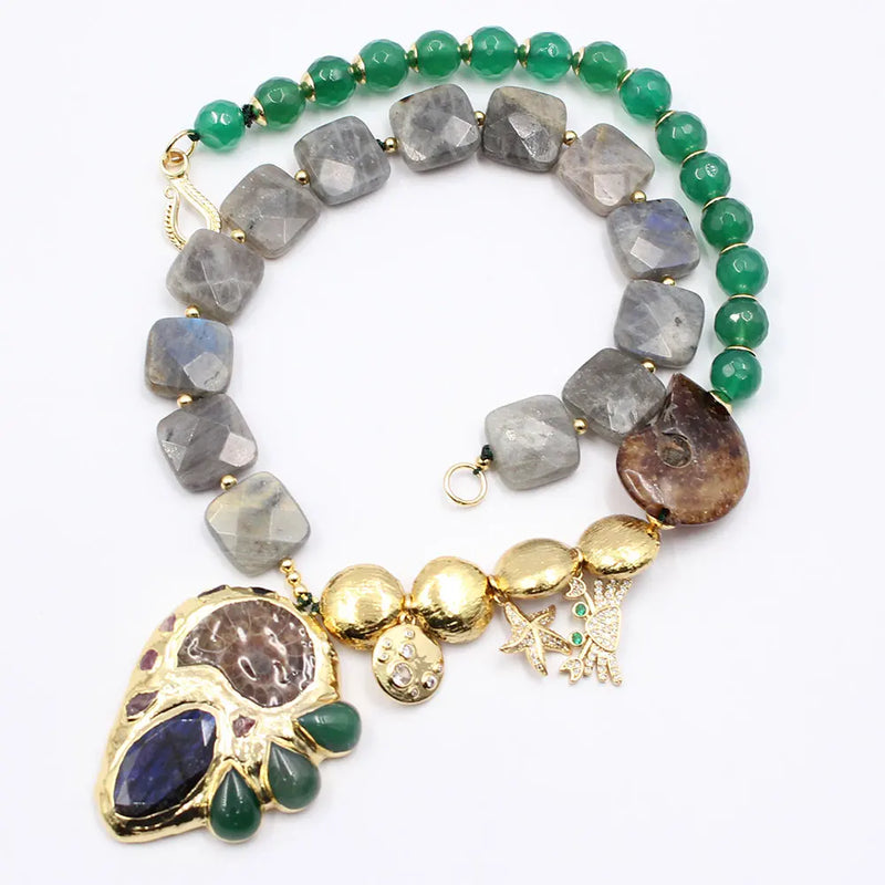 Gold Plated Green Agate Labradorite CZ Pave Pendant for Women