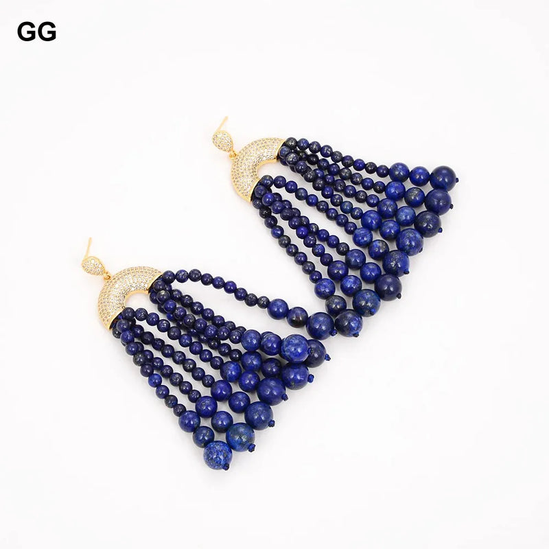 Gold Plated Round Blue Lapis Lazuli & CZ Earrings for Women