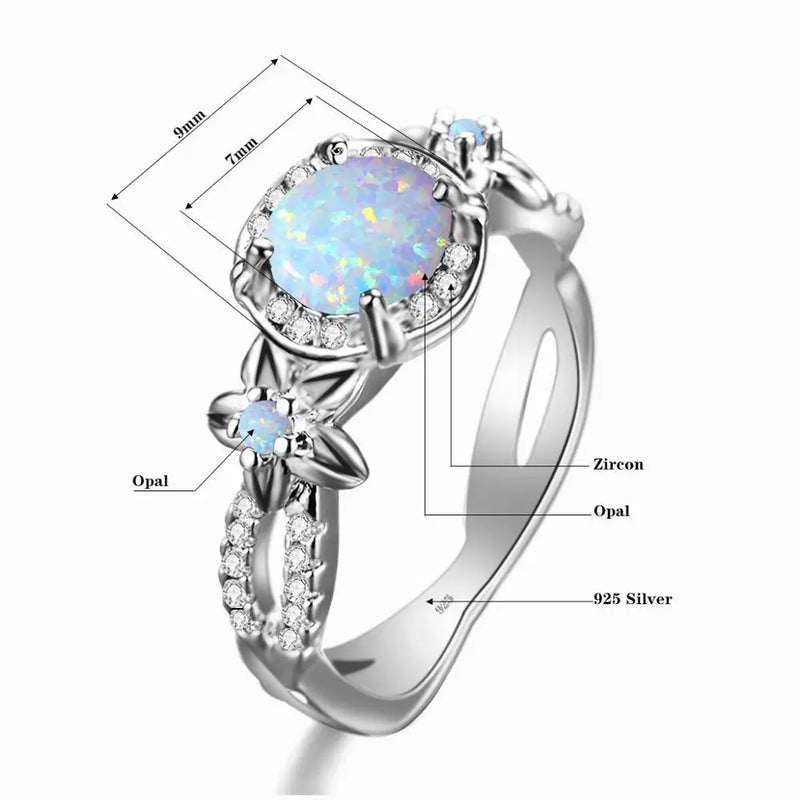 Sterling Silver Flower Opal Ring with Cubic Zirconia for Women