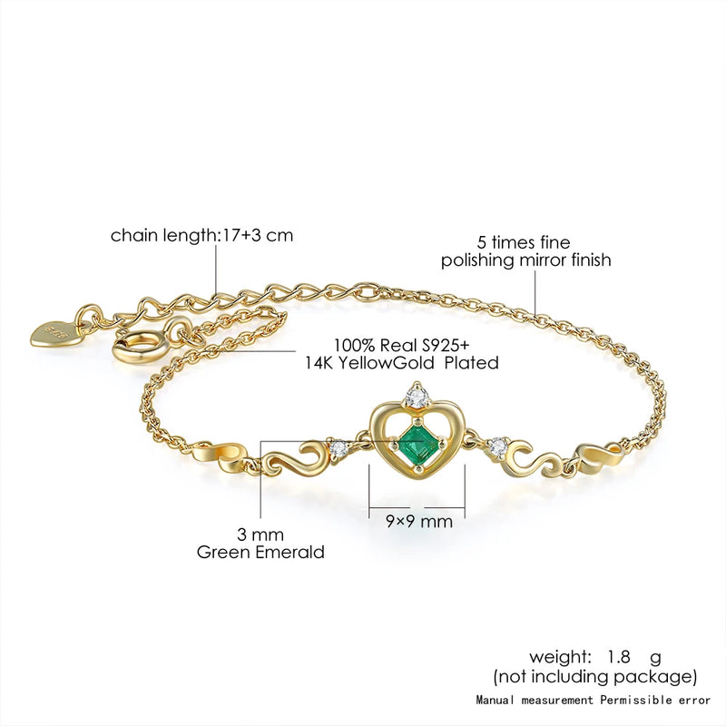 14K Yellow Gold Plated Charm Bracelet with 0.2ct Emerald for Women