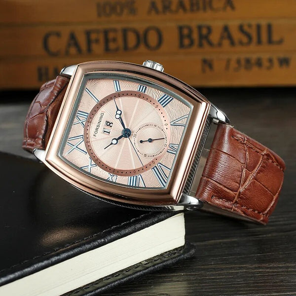 Stainless Steel Leather Square Automatic Mechanical Watch for Men