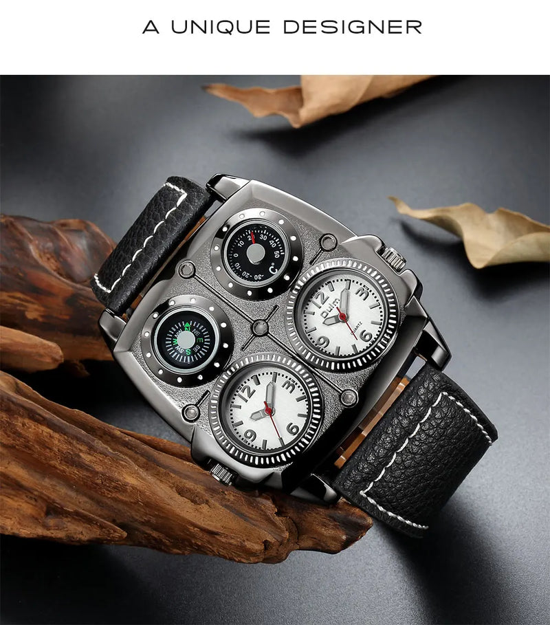 Luxury Two Time Zone Sports Watch with Leather Strap and Big Dial for Men - Military Style Quartz Movement