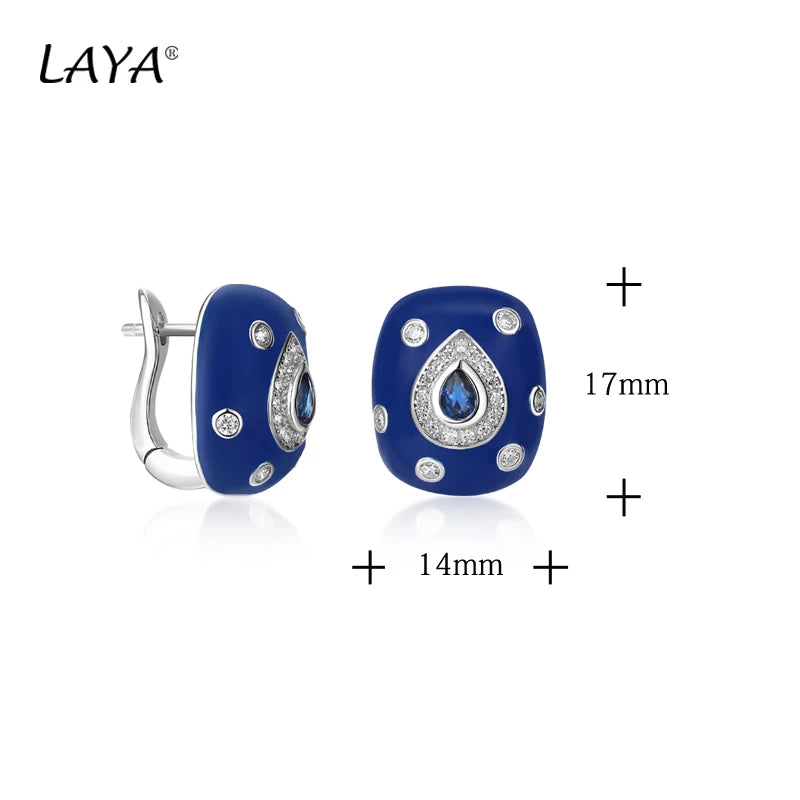 Sterling Silver Clip Earrings with Blue Enamel and Zircon, for Women