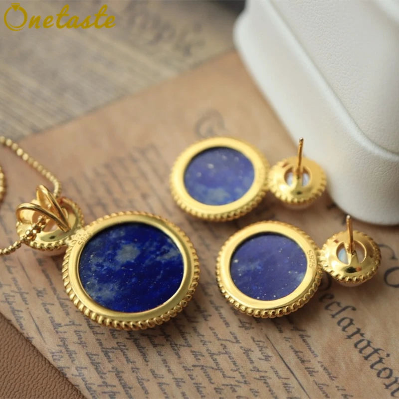 Sterling Silver Gold Plated Lapis Lazuli Pendant Earrings Set for Women