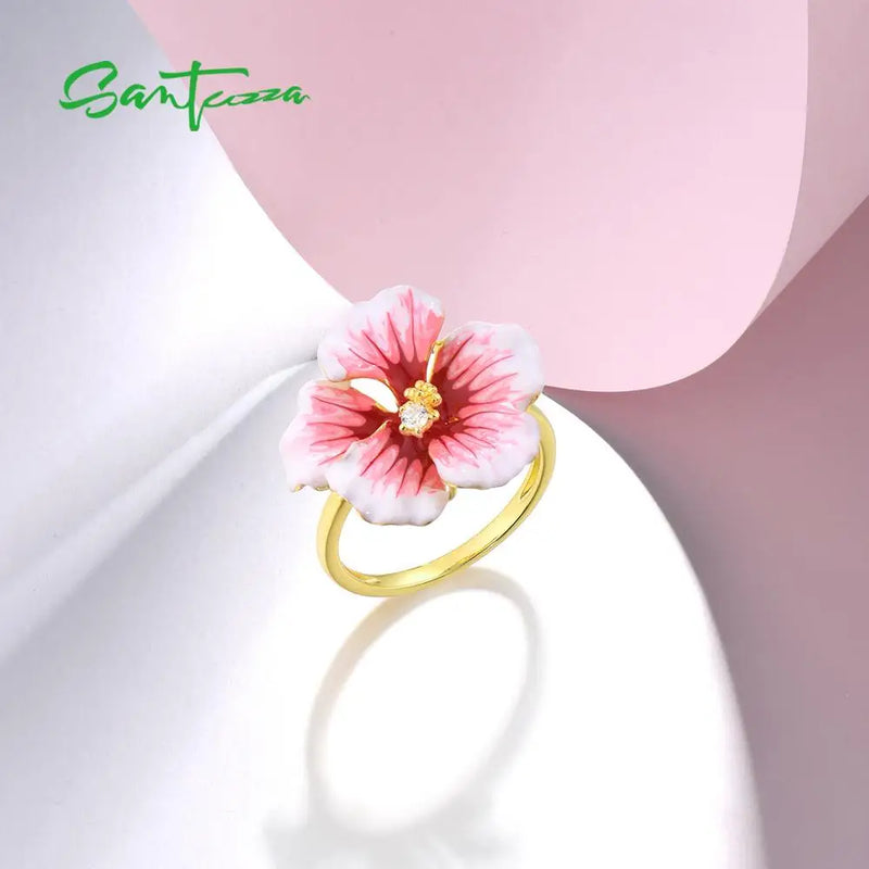 Sterling Silver Pink Blooming Flower Enamel Ring for Women