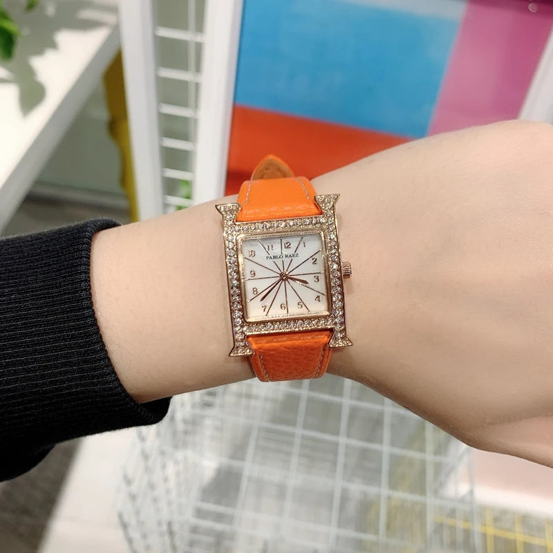 Luxury Diamond Fashion Watch for Ladies: High-Grade, Waterproof, Leather Strap, Quartz Movement.