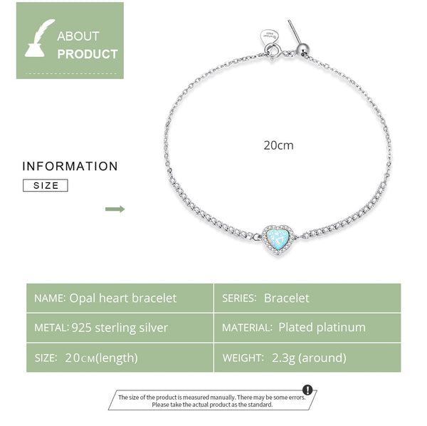 Sterling Silver Opal Heart Pendant Bracelet for Women