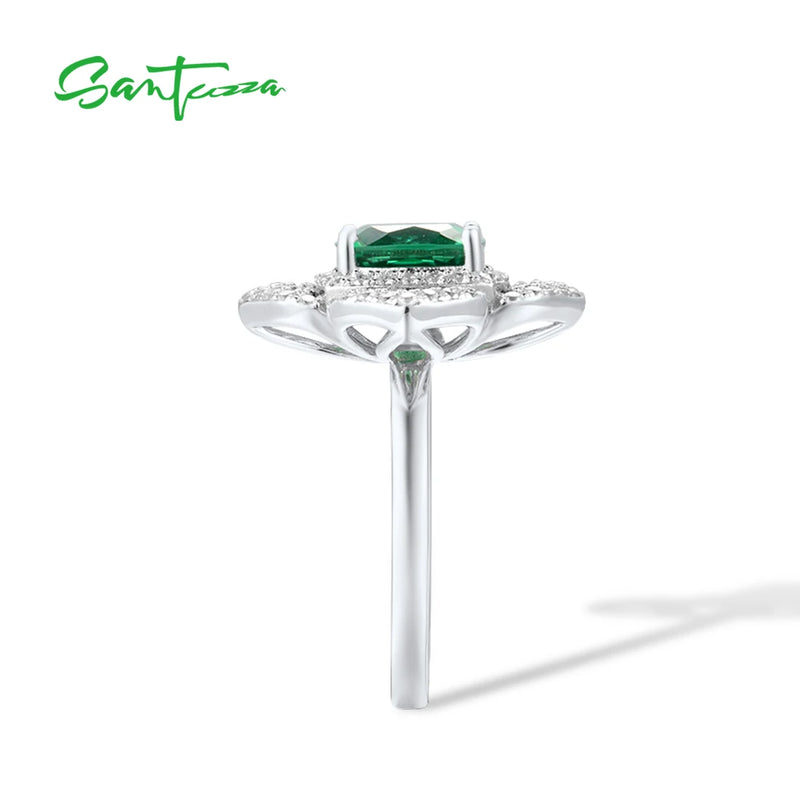 925 Sterling Silver Square Green Spinel & White CZ Flower Ring for Women