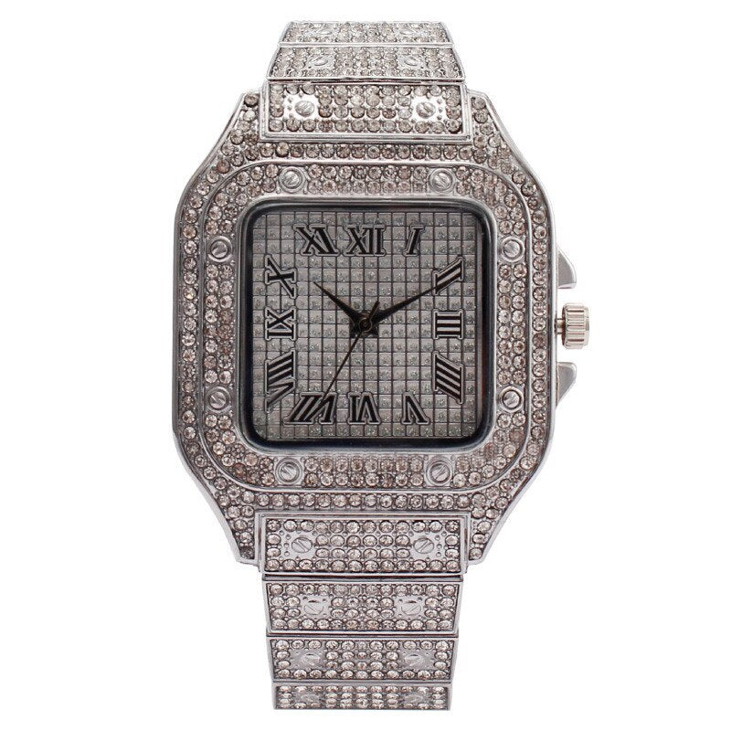 Luxury Gold Iced Out Rhinestone Square Quartz Watch for Unisex