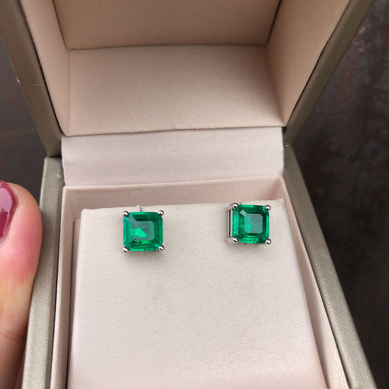 Sterling Silver Emerald Cut Emerald Earrings for Women