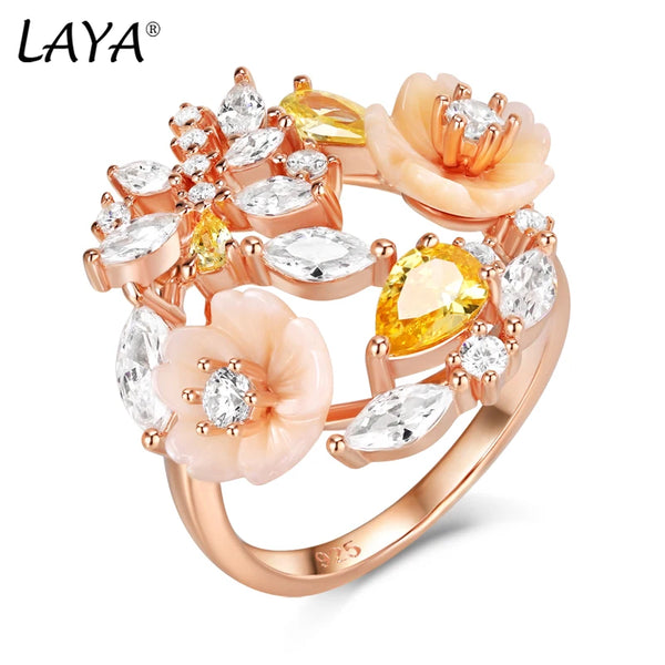 925 Sterling Silver Yellow White Zircon Shell Flower Ring for Women