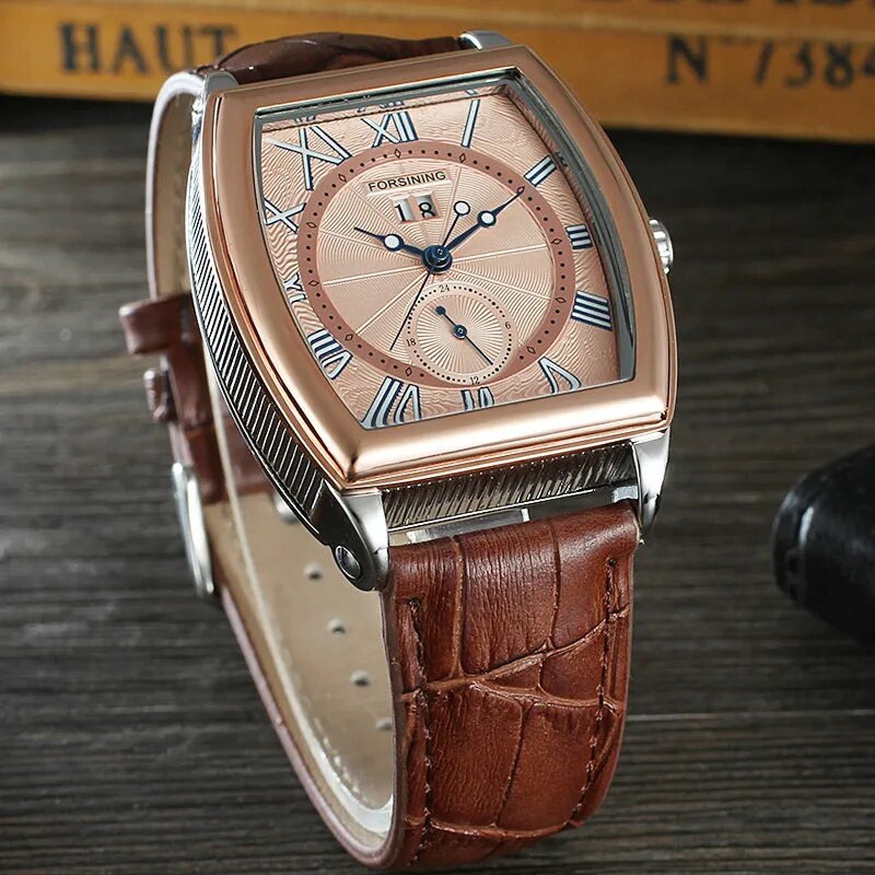 Stainless Steel Leather Square Automatic Mechanical Watch for Men