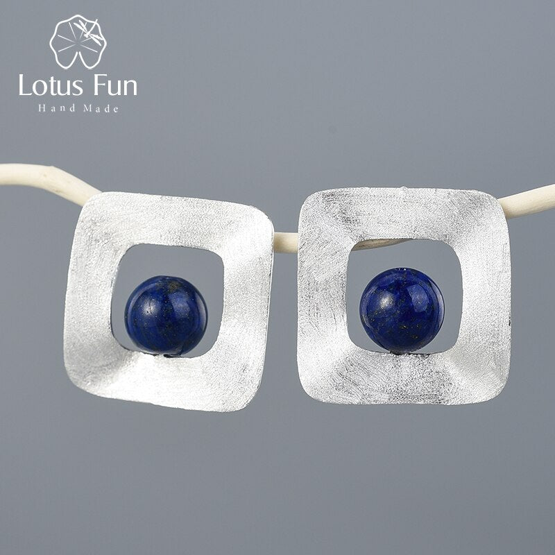 925 Sterling Silver Lotus Fun Natural Stone Stud Earrings for Women