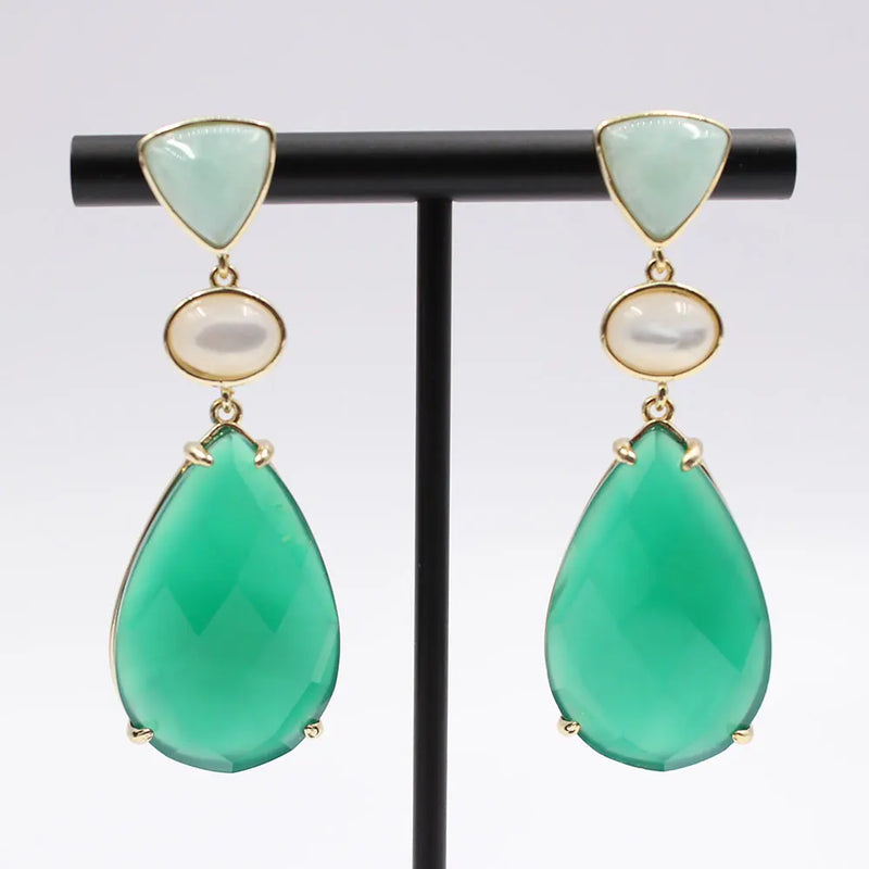 Sterling Silver Natural White Shell Aventurine Green Agate Teardrop Dangle Stud Earrings for Women