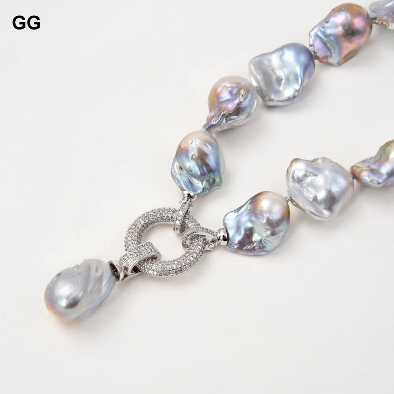 Sterling Silver Natural Gray Keshi Pearl Necklace with CZ Pendant for Women