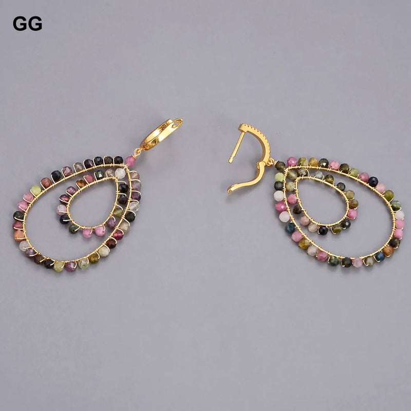 Sterling Silver Natural Teardrop Multi Color Tourmaline CZ Pave Lever Back Dangle Earrings for Women