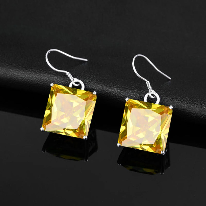 925 Sterling Silver Yellow Crystal Square Earrings for Women