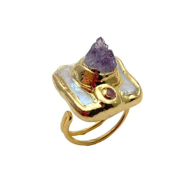 Y.YING Freshwater Cultured White Square Pearl Purple Amethyst Druzy Ring Adjustable