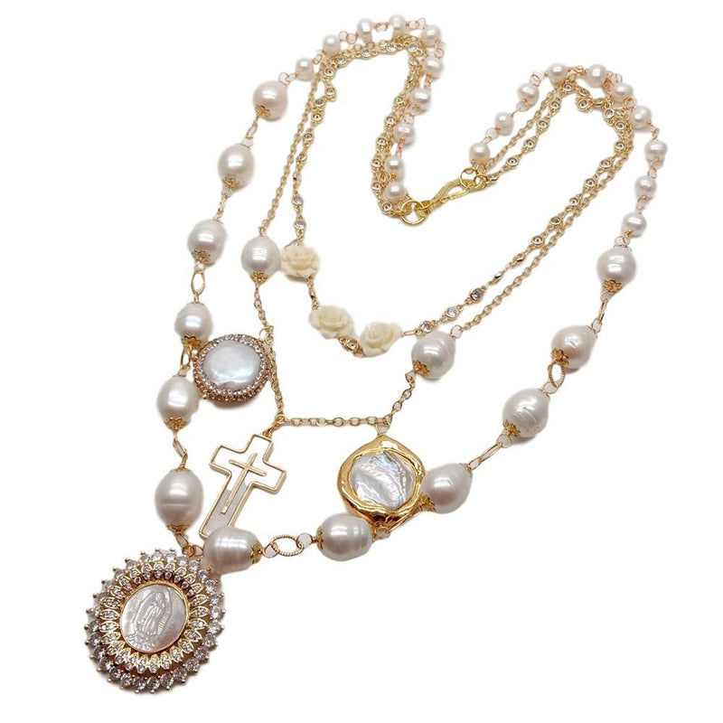 Gold Plated Freshwater White Rice Pearl Necklace with Virgin Mary Charm Pendant for Women