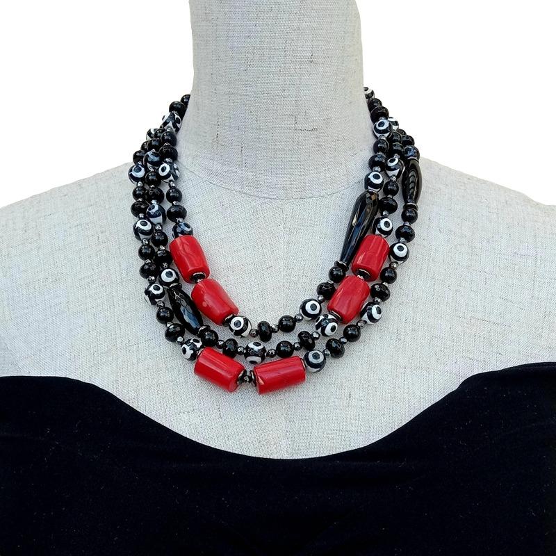 Sterling Silver 3 Strands Black Dzi Agate, Red Coral Choker Necklace for Women