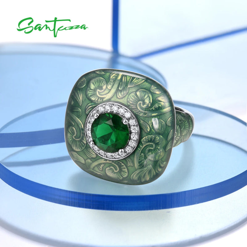 Sterling Silver Square Green Glass & CZ Enamel Ring for Women