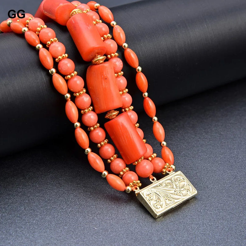 Silver 8" Multi-Shape Orange Coral Bracelet for Lady