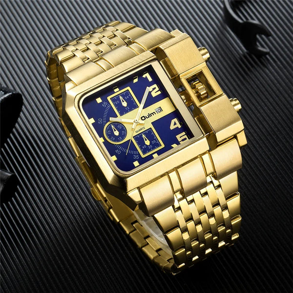 Stainless Steel Large Dial Luxury Men's Watch with Auto Date and Golden Clock.