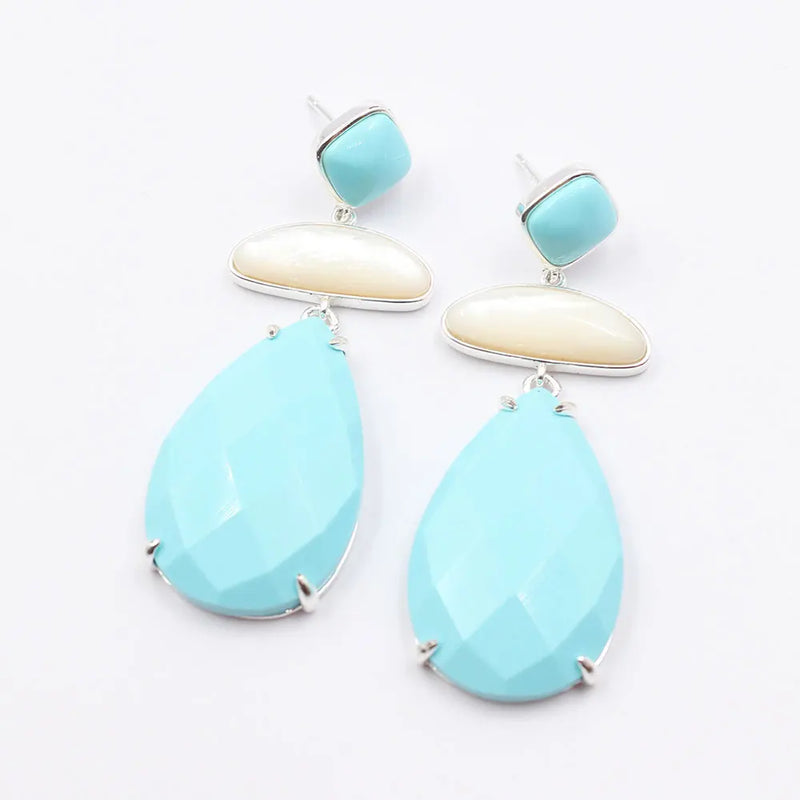 Sterling Silver Natural White Shell Blue Turquoise Dangle Stud Earrings for Women