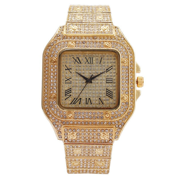 Luxury Gold Iced Out Rhinestone Square Quartz Watch for Unisex