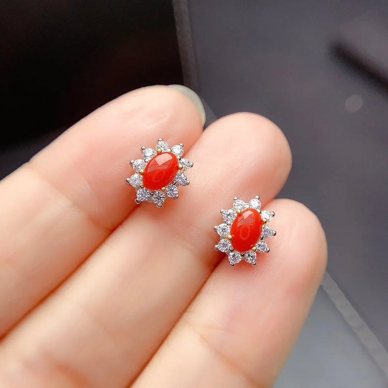 925 Sterling Silver Natural Red Coral Stud Earrings for Women