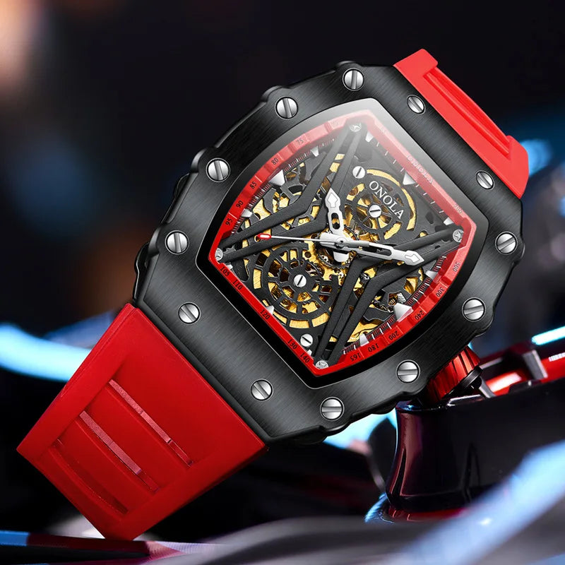 Stainless Steel Square Skeleton Luminous Watch for Men