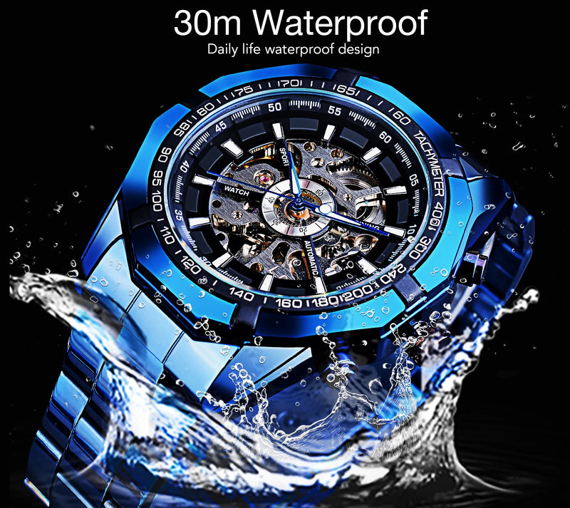 Stainless Steel Skeleton Automatic Watch, Blue for Men