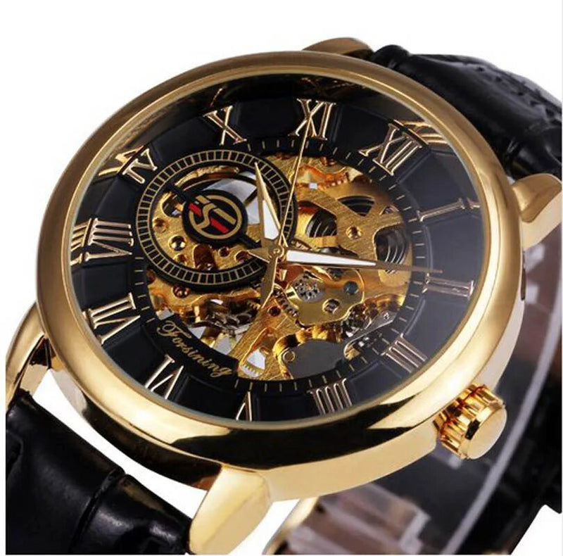 Gold Leather 3D Logo Engraved Mechanical Watch with Transparent Case for Men