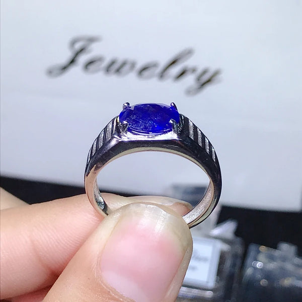 925 Pure Silver 2 Carat Natural Sapphire Ring with Super Atmosphere for Men