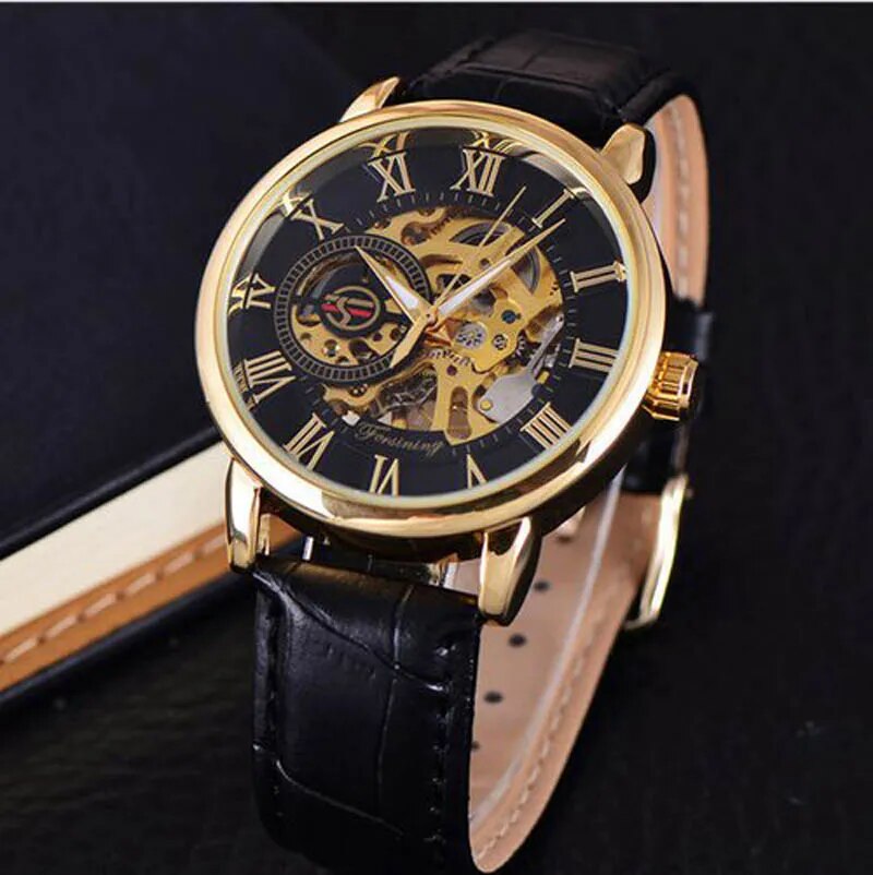 Gold Leather 3D Logo Engraved Mechanical Watch with Transparent Case for Men