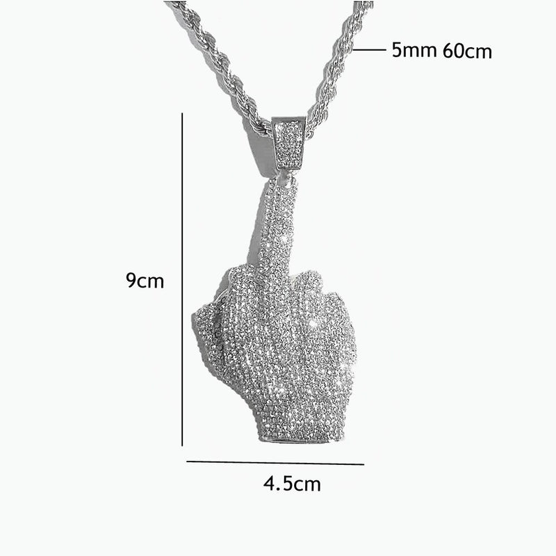 Stainless Steel Full Zircon Rock Middle Finger Pendant Necklace for Men